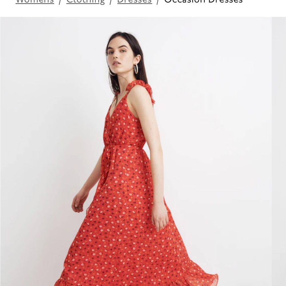 Madewell Dress Red Floral with Gold stripe Maxi Wrap Skirt Ruffle Sleeve